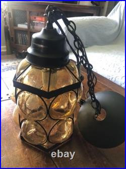 Mid Century Modern Amber Crackled Caged Bubble Glass Hanging Swag Lamp