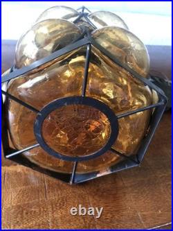 Mid Century Modern Amber Crackled Caged Bubble Glass Hanging Swag Lamp