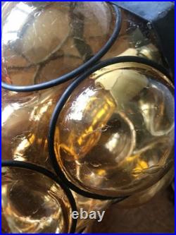 Mid Century Modern Amber Crackled Caged Bubble Glass Hanging Swag Lamp
