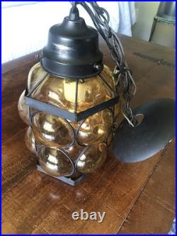 Mid Century Modern Amber Crackled Caged Bubble Glass Hanging Swag Lamp