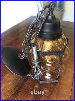 Mid Century Modern Amber Crackled Caged Bubble Glass Hanging Swag Lamp