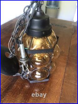 Mid Century Modern Amber Crackled Caged Bubble Glass Hanging Swag Lamp