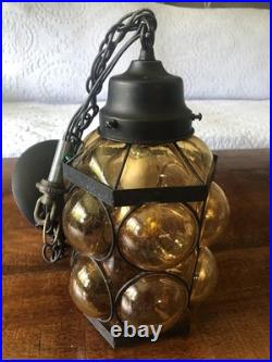 Mid Century Modern Amber Crackled Caged Bubble Glass Hanging Swag Lamp