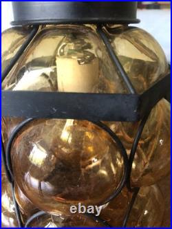 Mid Century Modern Amber Crackled Caged Bubble Glass Hanging Swag Lamp