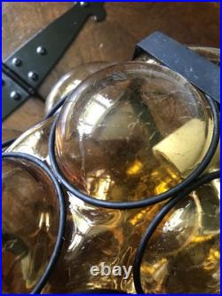 Mid Century Modern Amber Crackled Caged Bubble Glass Hanging Swag Lamp