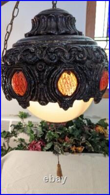 Mid Century Modern Brutatist Vintage Hanging Swag Light Pull Chain Red Orange