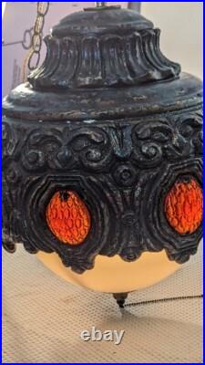 Mid Century Modern Brutatist Vintage Hanging Swag Light Pull Chain Red Orange