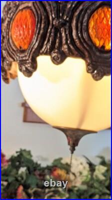 Mid Century Modern Brutatist Vintage Hanging Swag Light Pull Chain Red Orange