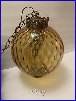 Mid Century Modern Globe Hanging Swag Lamp Amber Glass & Brass Vintage