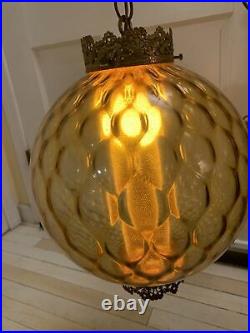 Mid Century Modern Globe Hanging Swag Lamp Amber Glass & Brass Vintage