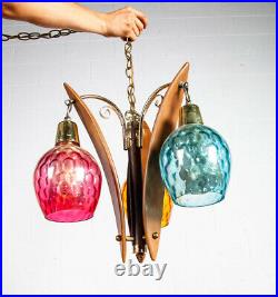 Mid Century Modern Hanging Lamp Pendant Wood Colored Glass Vintage Danish 60s VG
