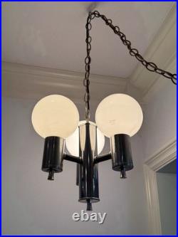 Mid Century Modern Plug Swag Vintage Chrome 3 light Chandelier Glass Globe MCM