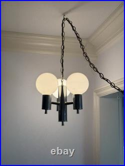 Mid Century Modern Plug Swag Vintage Chrome 3 light Chandelier Glass Globe MCM