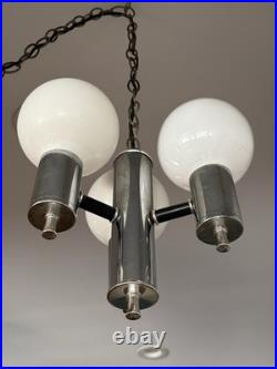 Mid Century Modern Plug Swag Vintage Chrome 3 light Chandelier Glass Globe MCM