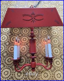 Mid Century Modern deep red & black TOLEWARE metal 4-Arm HANGING LIGHT FIXTURE