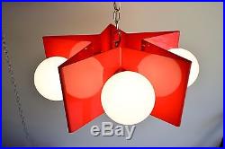 Mid Century Pendant Light Acrylic Red & White Star & Globe Hanging Lamp Vintage