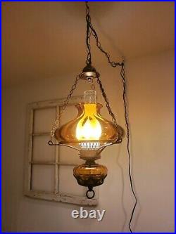 Mid Century Swag Lamp Amber Vintage Hanging Hurricane Light NEW WIRING Plug In