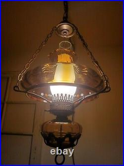 Mid Century Swag Lamp Amber Vintage Hanging Hurricane Light NEW WIRING Plug In