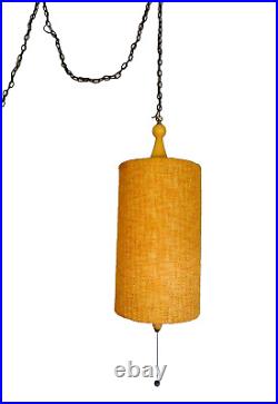 Mid Century Swag Lamp with Drum Shade Hanging Light Boho Burlap Textured Pendant