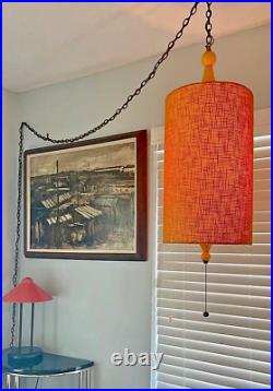 Mid Century Swag Lamp with Drum Shade Hanging Light Boho Burlap Textured Pendant