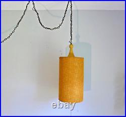 Mid Century Swag Lamp with Drum Shade Hanging Light Boho Burlap Textured Pendant