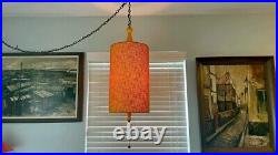 Mid Century Swag Lamp with Drum Shade Hanging Light Boho Burlap Textured Pendant