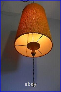 Mid Century Swag Lamp with Drum Shade Hanging Light Boho Burlap Textured Pendant