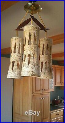 Mid Century Teak 3 Ceramic Pendant Chandelier Vintage Hanging Light Fixture Lamp
