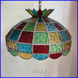Mid-Century Tiffany Style Metal Chain Hanging Stained Glass Light Lamp Vintage Mid-Century Tiffany Style Metal Chain Hanging Stained Glass Light Lamp Vintage