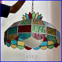 Mid-Century Tiffany Style Metal Chain Hanging Stained Glass Light Lamp Vintage