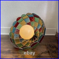 Mid-Century Tiffany Style Metal Chain Hanging Stained Glass Light Lamp Vintage