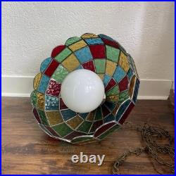 Mid-Century Tiffany Style Metal Chain Hanging Stained Glass Light Lamp Vintage Mid-Century Tiffany Style Metal Chain Hanging Stained Glass Light Lamp Vintage