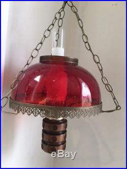 Mid Century Vintage Ruby Red Glass Hanging Swag Lamp Chandelier w carved wood