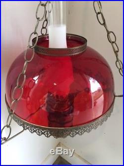 Mid Century Vintage Ruby Red Glass Hanging Swag Lamp Chandelier w carved wood
