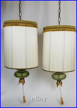 Mid-Century green glass hanging swag lamp light pair Hollywood regency vintage