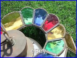 Multi-Color Stained Glass Hanging POOL TABLE LIGHT, Vintage Bar Lamp Rainbow
