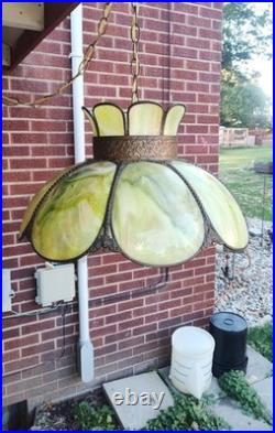 NICE Vintage MCM LARGE 17x12 Green Slag Glass 8 Panel Tulip Swag Lamp 15' Cord