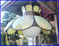 NICE Vintage MCM LARGE 17x12 Green Slag Glass 8 Panel Tulip Swag Lamp 15' Cord