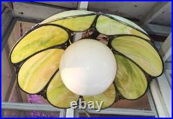 NICE Vintage MCM LARGE 17x12 Green Slag Glass 8 Panel Tulip Swag Lamp 15' Cord