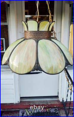 NICE Vintage MCM LARGE 17x12 Green Slag Glass 8 Panel Tulip Swag Lamp 15' Cord