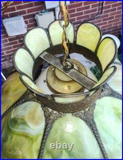 NICE Vintage MCM LARGE 17x12 Green Slag Glass 8 Panel Tulip Swag Lamp 15' Cord