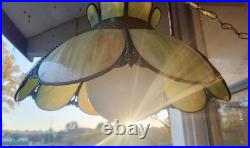 NICE Vintage MCM LARGE 17x12 Green Slag Glass 8 Panel Tulip Swag Lamp 15' Cord
