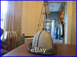 Outstanding-vintage-unusual-brass-large Slag Glass-hanging Lamp-free Shipping