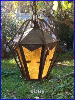 Old Gothic Spanish Style Wrought Iron Stained Glass Hanging Porch Light Lamp