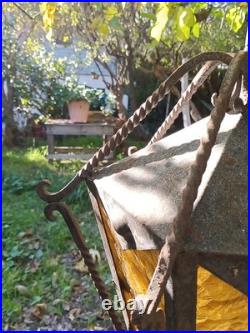 Old Gothic Spanish Style Wrought Iron Stained Glass Hanging Porch Light Lamp