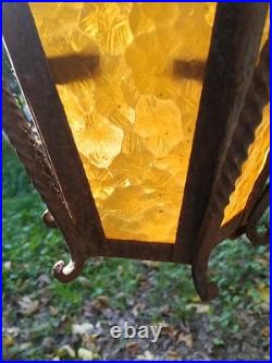 Old Gothic Spanish Style Wrought Iron Stained Glass Hanging Porch Light Lamp