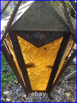 Old Gothic Spanish Style Wrought Iron Stained Glass Hanging Porch Light Lamp