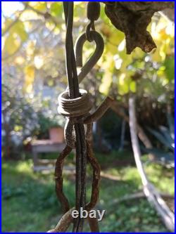 Old Gothic Spanish Style Wrought Iron Stained Glass Hanging Porch Light Lamp