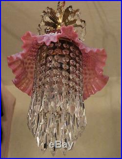 Old Vintage Fenton Cranberry Jelly Fish Glass hanging brass SWAG Lamp chandelier