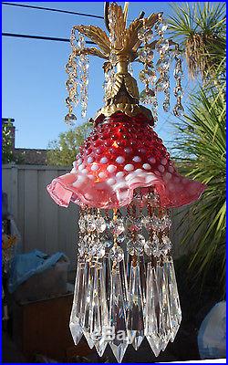 Old Vintage Fenton cranberry Jelly Fish Glass hanging brass TOLE Lamp cap